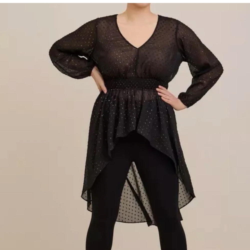 NWOT Torrid Chiffon Rainbow Clip Dot Black Sheer High-Low Blouse Size 1